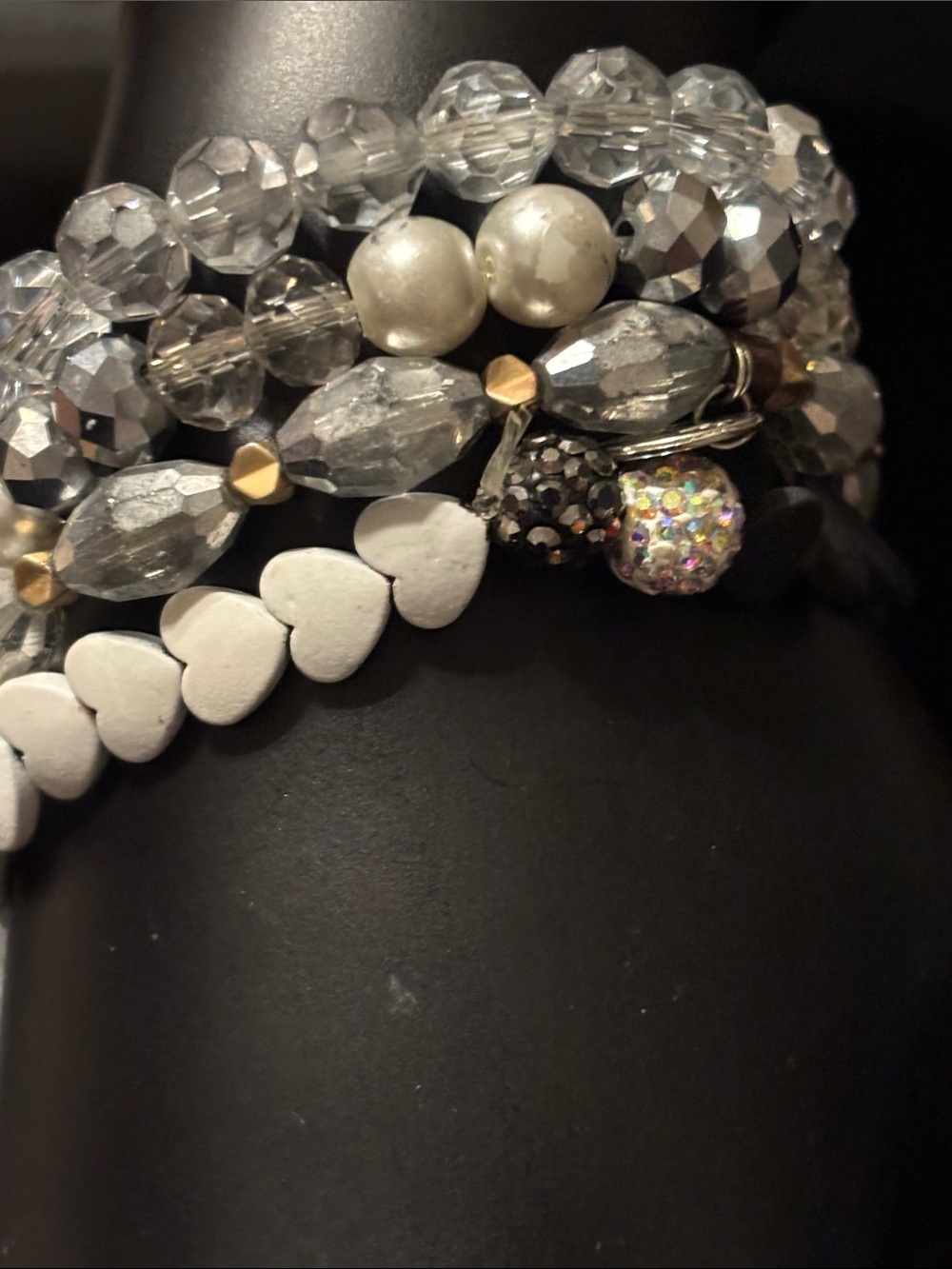 Erimish Black, Clear & White Heart Stack Bracelets Faceted Beads Coquette Photos - Picture 12 of 16